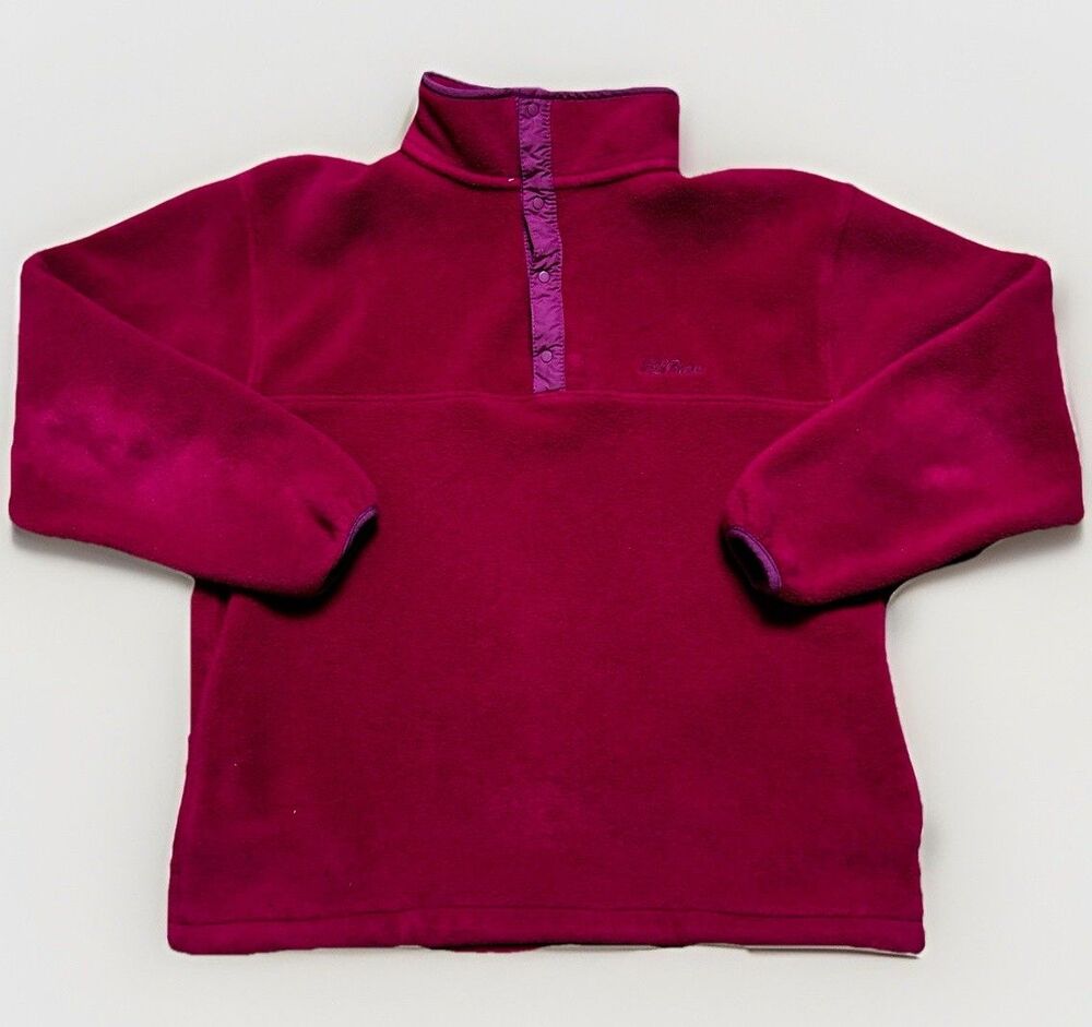 VTG LL Bean Pink Magenta Snap Fleece 1/4 Buttons Womens Size Medium Pullover